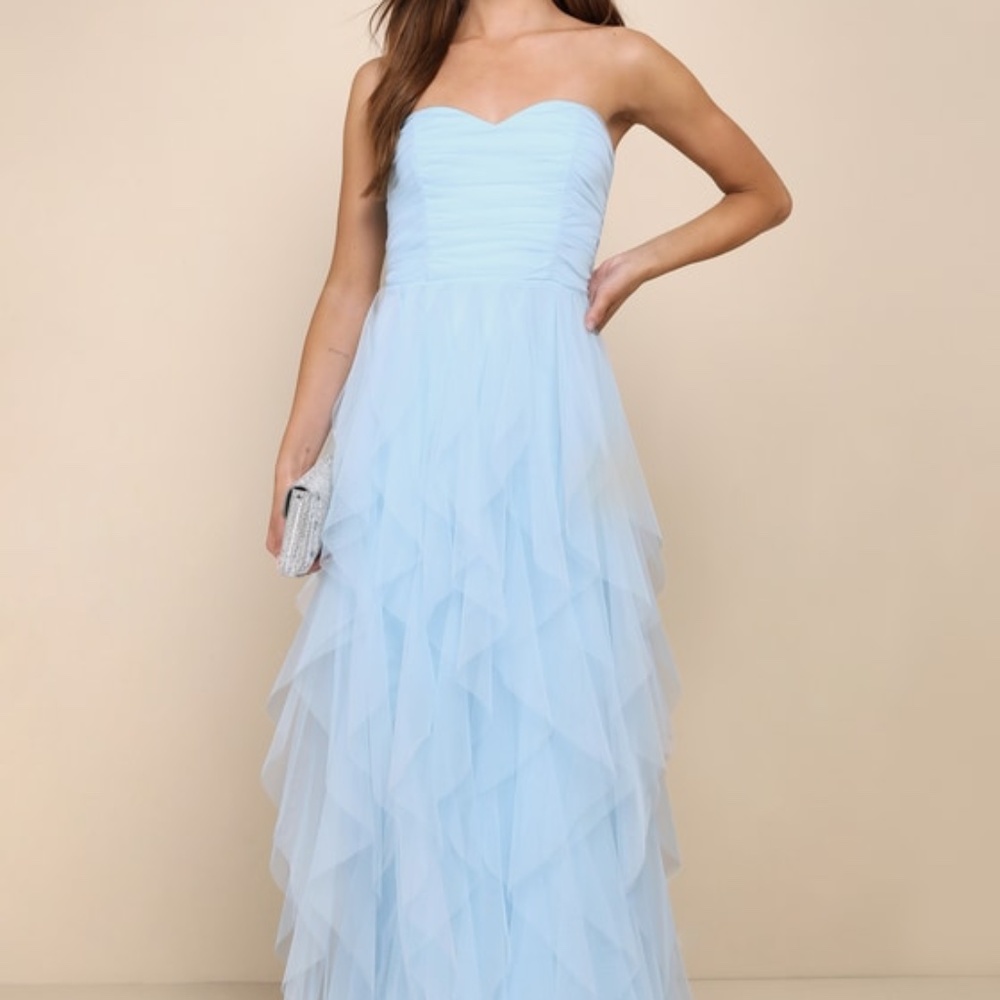 Lulus Delightful Beauty Blue Mesh Strapless Ruched Ruffled Maxi Dress - Size S